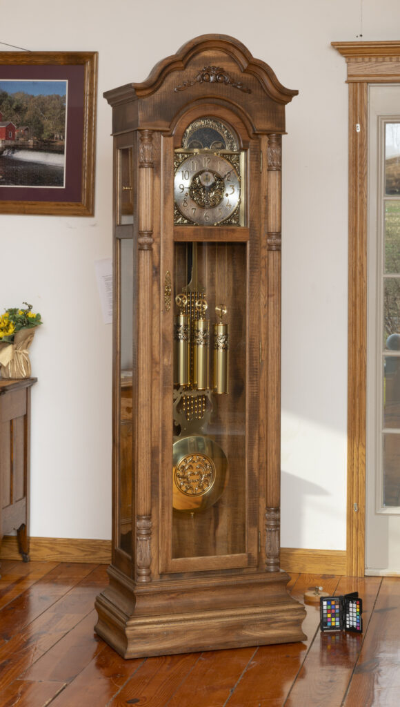 amish grandfather clock in rough sawn hickory