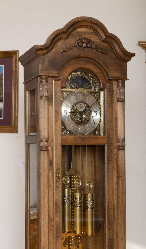 amish grandfather clock in rough sawn hickory