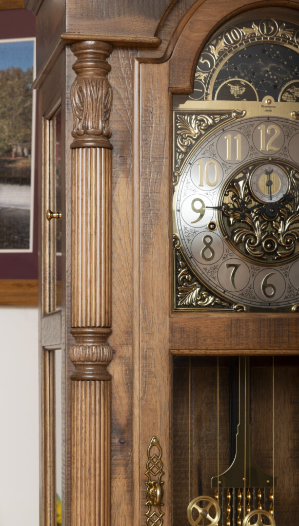 amish grandfather clock in rough sawn hickory