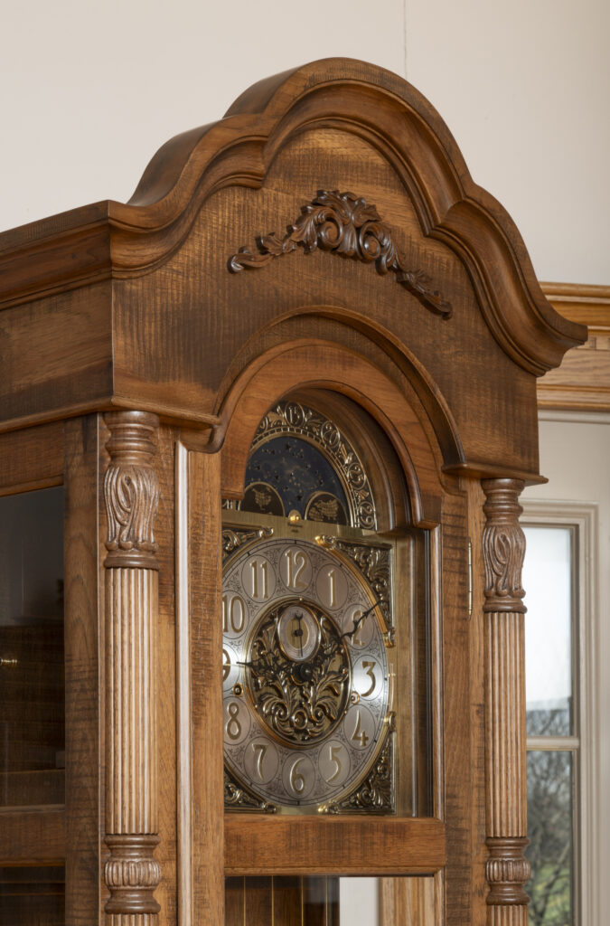 amish grandfather clock in rough sawn hickory