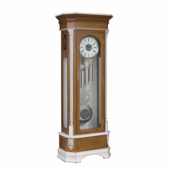 GRF-409 custom Amish grandfather clock in quarter-sawn oak with white-painted carved accents