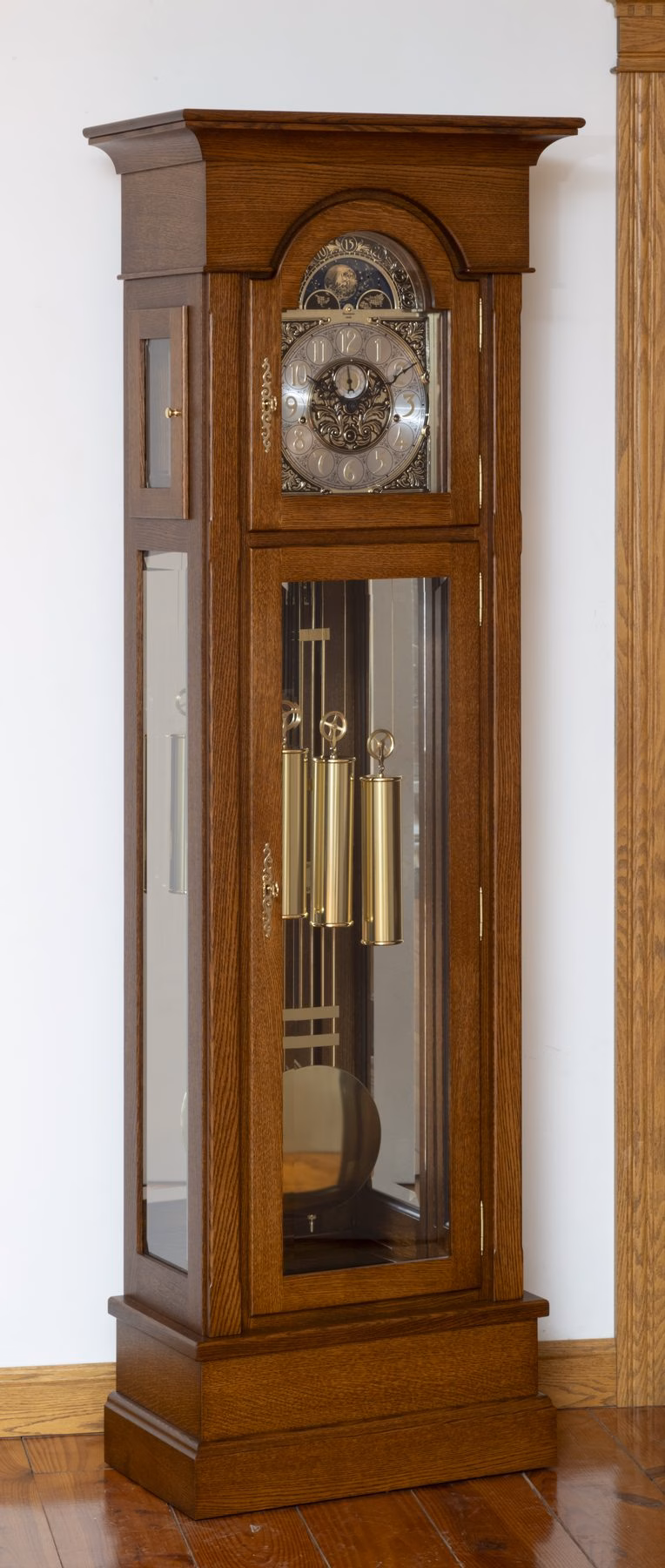 Custom quarter-sawn white oak grandfather clock in Michael's Cherry stain